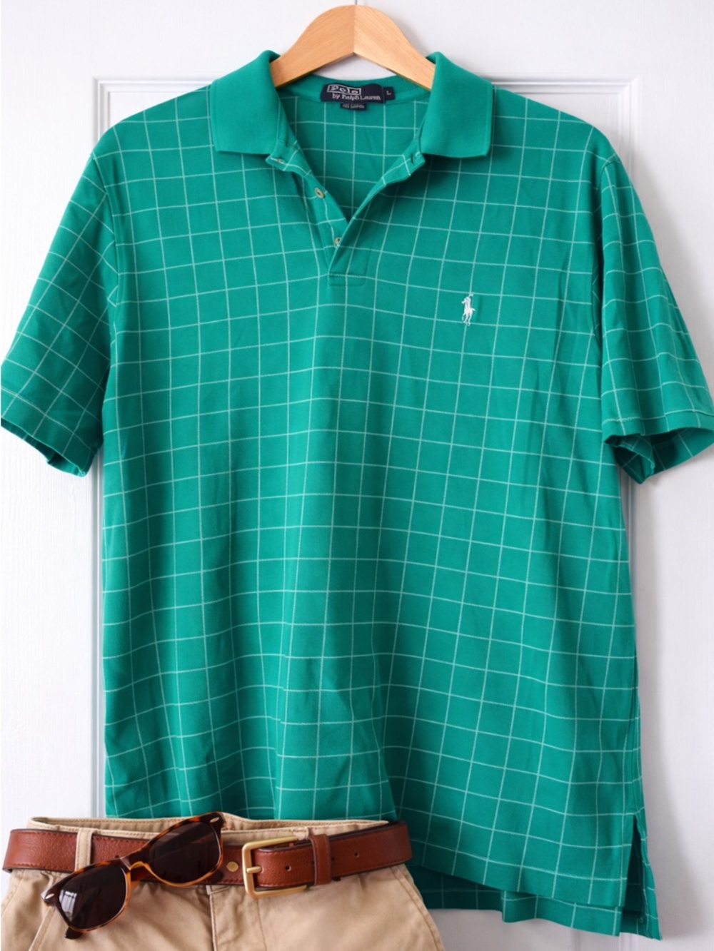 Polo Ralph Lauren Mens Large Teal Green Windowpane Polo Shirt Classic Fit Cotton